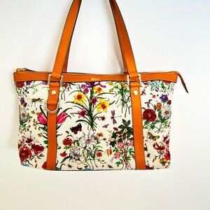 GUCCI Abbey Canvas Flora D Ring Tote Bag Full Zip Top Leather Trim